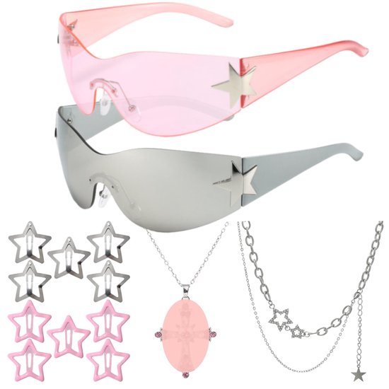 Y2K Wrap Around Zonnebril - Unisex - Inclusief Kettinkjes en Haarspelden van Merkloos