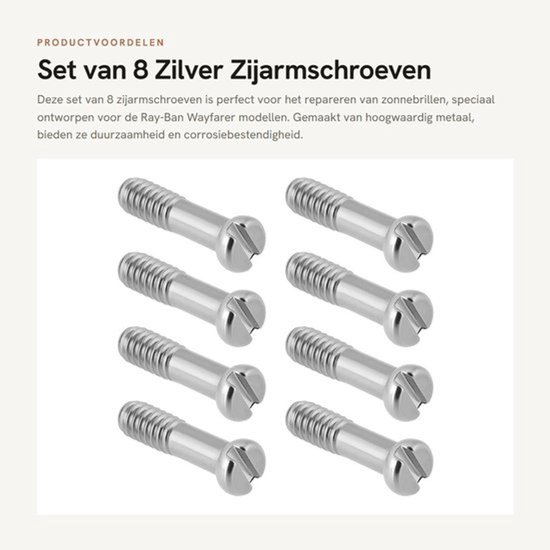 Zijarmschroeven 8x - Compatibel met Ray-Ban Wayfarer RB2140 - Plat - Metaal - Corrosiebestendig - Eenvoudige installatie - Brilonderdelen