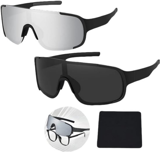 + zilveren set: overtrekbare zonnebril voor brildragers, windbescherming en stabiel, licht en compact, voor dames en heren, fietsen, hardlopen, outdoor