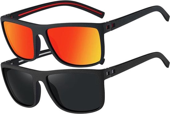 Zonnebril - 2 stuks - Sunglasses - Gepolariseerd - Fietsbrillen - Sportbrillen - Festival bril - Zomertrend - Heren & Dames - Zwart en Oranjerood van Merkloos
