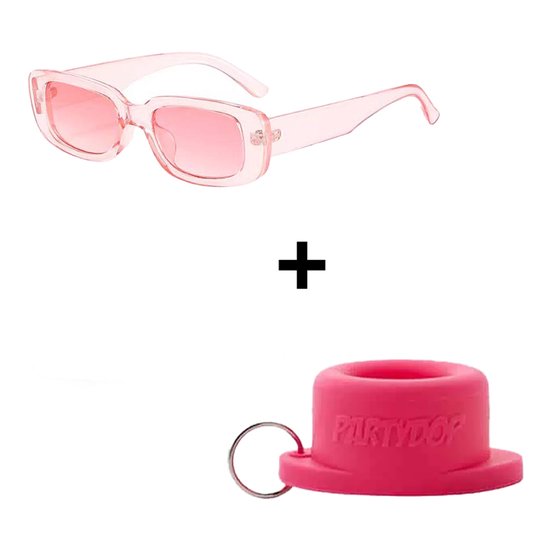 Zonnebril classic dik montuur + Partydop Universele Flessendop - Festival dop - Festival bril - Combi deal - Pride - Roze van LASSEN.