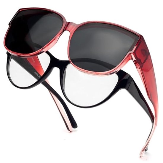 Zonnebril dames - Gepolariseerde zonnebril - Zonnebril voor fietsen - Sportzonnebril - zonnebrillen - 145 mm * 58 mm - Doorzichtig rood montuur met zwart/grijze lens - PC