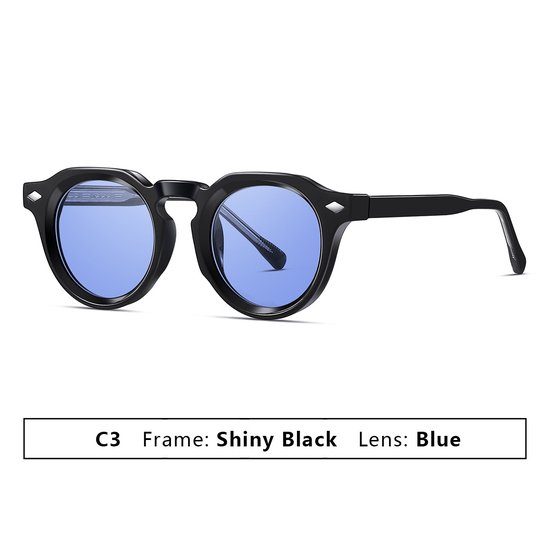 Zonnebril Dames Heren - Zonnebril UV400 - Vintage Retro Zonnebril - PC Montuur en PC Glazen - Glanzend Zwart Montuur met Blauwe Glazen