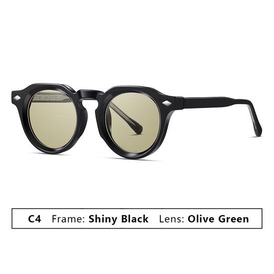 Zonnebril Dames Heren - Zonnebril UV400 - Vintage Retro Zonnebril - PC Montuur en PC Glazen - Glanzend Zwart Montuur met Olijfgroene Glazen van Zonnebril Dames