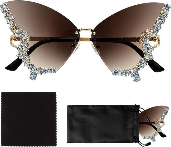Zonnebril Dames - Randloze Vintage Modebril met Steentjes - Gradient Grijs - Inclusief Brillenzakje