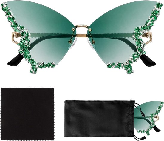 Zonnebril Dames - Randloze Vintage Rimless Sunglasses met Steentjes - Festival Accessoires voor Dames incl. Brillenzakje - Emerald Groen