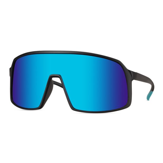 Zonnebril - Fiets - Sport - Festival bril - Rave - Voor heren en dames - Mat montuur - Zwart - Blauw spiegelglas van Merkloos
