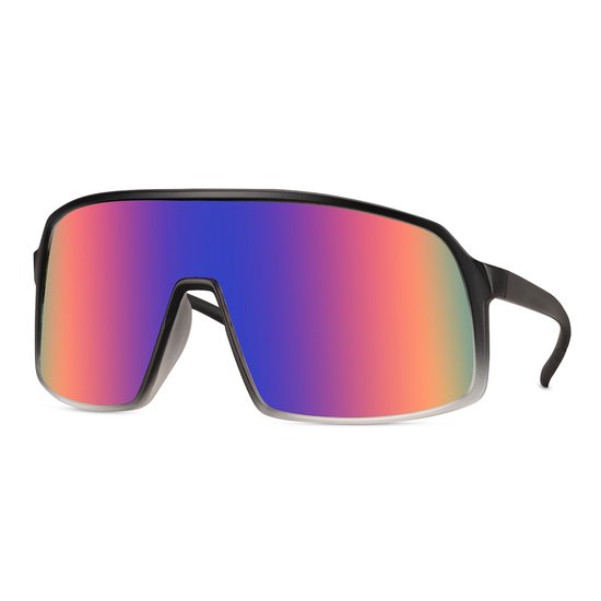 Zonnebril - Fiets - Sport - Festival bril - Rave - Voor heren en dames - Mat montuur - Zwart/transparant - Multicolor spiegelglas van Merkloos