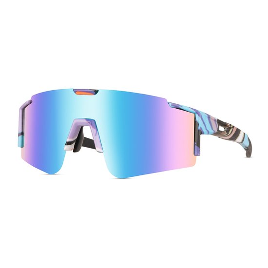 Zonnebril - Fiets - Sport - Festival bril - Rave - Voor heren en dames - Multicolor- Blauw/paars spiegelglas - Met print van Merkloos