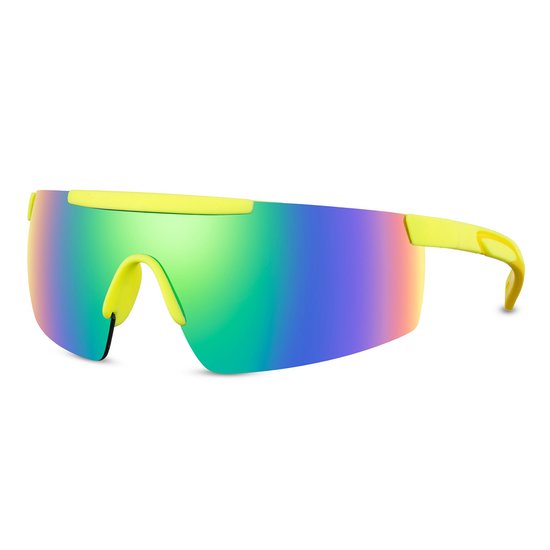 Zonnebril - Fiets - Sport - Festival bril - Rave - Voor heren en dames - Semi randloos - Geel - Multicolor spiegelglas van Merkloos