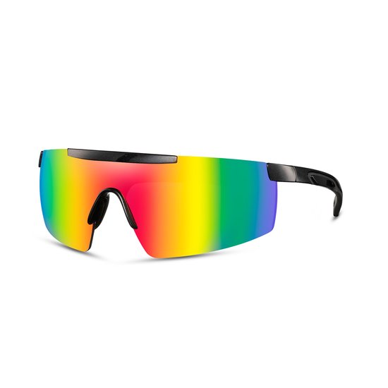 Zonnebril - Fiets - Sport - Festival bril - Rave - Voor heren en dames - Semi randloos - Glanzend - Zwart - Multicolor spiegelglas van Onbekend