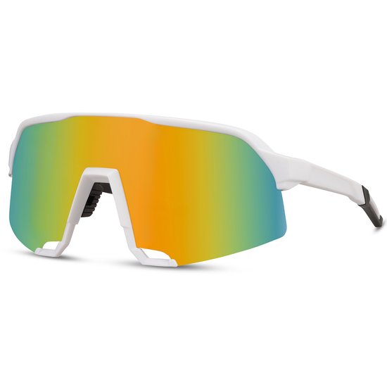 Zonnebril - Fiets - Sport - Festival bril - Rave - Voor heren en dames - Semi randloos montuur - Wit - Multicolor spiegelglas van Merkloos