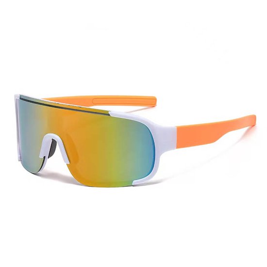 Zonnebril - Fiets - Sport - Festival bril - Rave - Voor heren en dames - Semi randloos - Wit met oranje pootjes - Multicolor spiegelglas