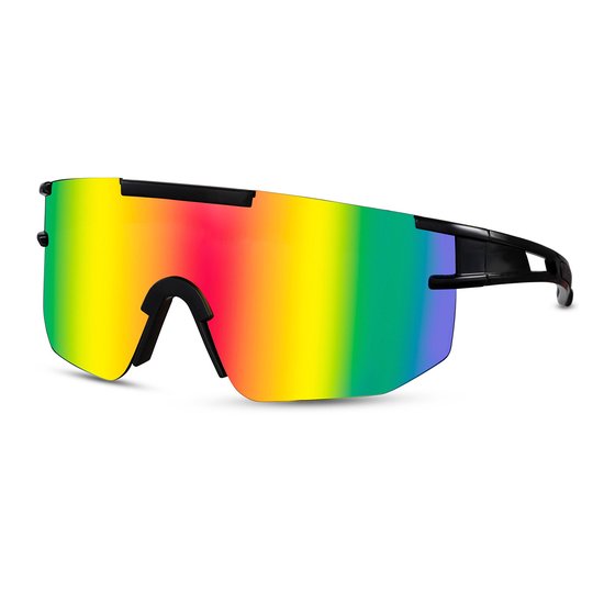 Zonnebril - Fiets - Sport - Festival bril - Rave - Voor heren en dames - Semi randloos - Zwart/grijs - Multicolor spiegelglas