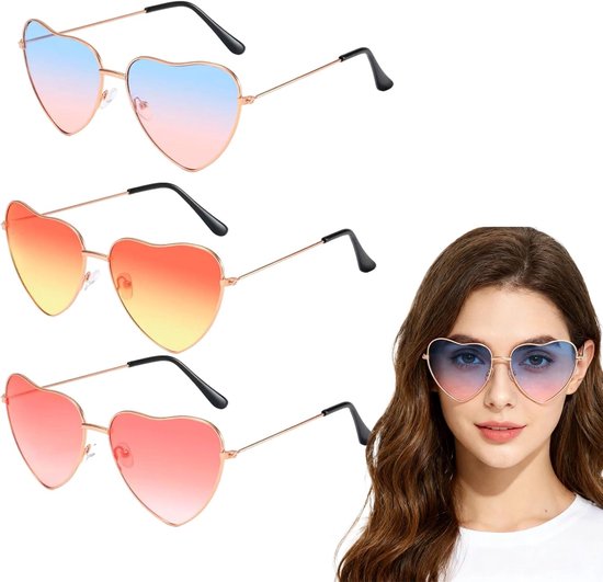 Zonnebril hartvormig dames heren set van 3 – gepolariseerde retro zonnebrillen – festival brillen voor feest, zomer, carnaval – uniseks accessoires voor volwassenen en kinderen