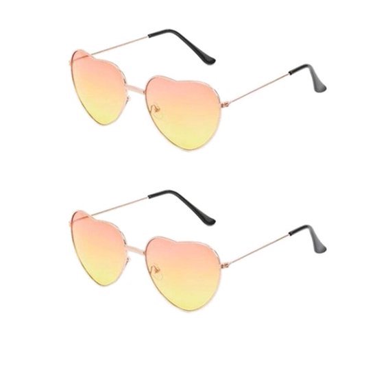Zonnebril Hartvormig - Retro Metalen Frame - 2 Stuks - Voor Dames/Meisjes - Festival Accessoire - Hoogwaardig Polycarbonaat - Hartvormige Zonnebril