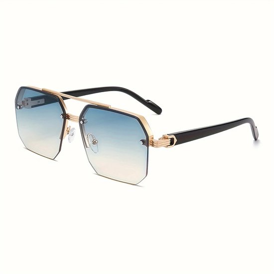 Zonnebril Heren – Goudkleurig Metalen Montuur – Geometrische Gradiënt Glazen – Lichtblauw naar Transparant – Unisex Luxe Design – Zwarte Pootjes van Merkloos