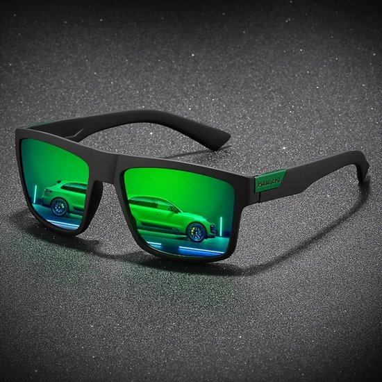 Zonnebril Heren – Groen Spiegelglas – Mat Zwart Montuur – “Polarized” Opdruk – Rechthoekige Lenzen – Sportief Unisex Design van Merkloos