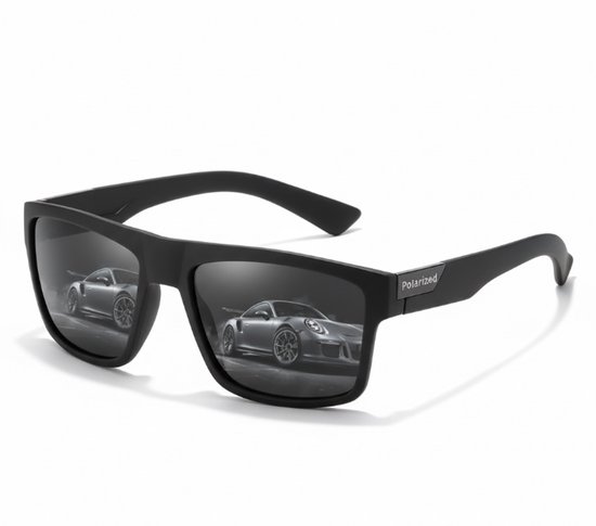 Zonnebril Heren – Mat Zwart Montuur – Donkere Rechthoekige Glazen – “Polarized” Opdruk – Sportief en Minimalistisch Design van Merkloos