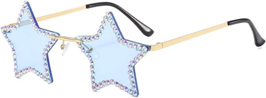 Zonnebril in de vorm van een ster met diamanten, randloze, funky bling diamanten zonnebril voor een zomers strandfeest (blauw)