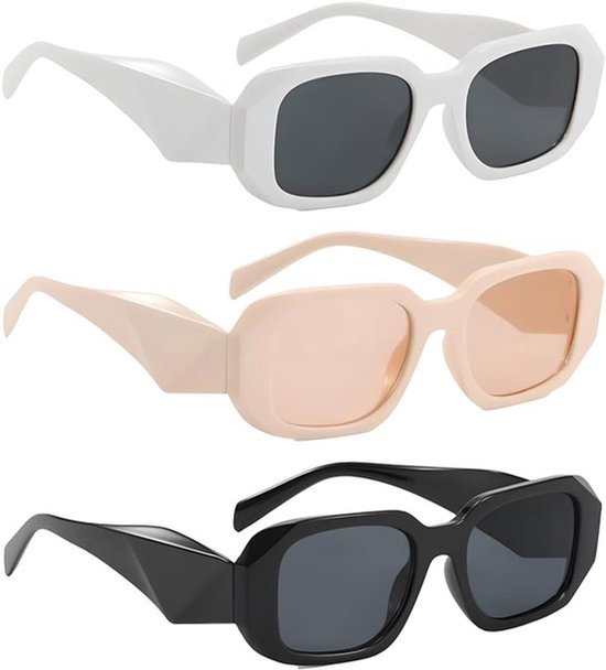 Zonnebril jaren 90 vintage vierkant frame zonwering UV400 rechthoekig (zwart wit beige) - Set van 3 van Merkloos