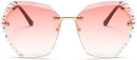 Zonnebril met diamantjes - Sunglasses - Festival - Dames - UV400 - Ronde hoeken - Roze van Merkloos