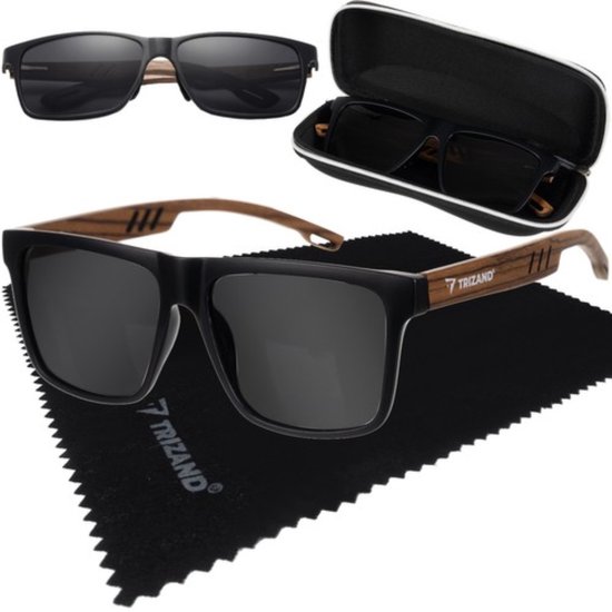 Zonnebril met Polarisatie - UV400 - Houten Pootjes - Unisex - Zwart