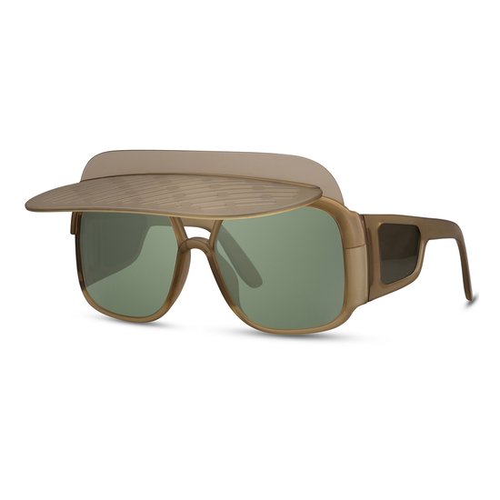 Zonnebril met zonneklep - Zonnebrillen - Festival bril - Rave bril - Glasses - Vierkant montuur - Groen - Groene glazen van Merkloos