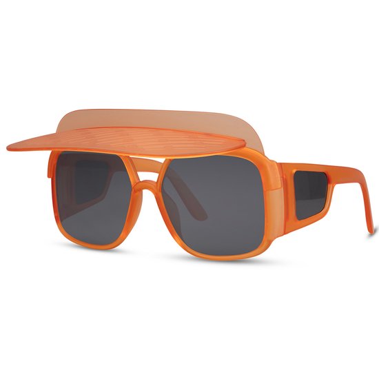 Zonnebril met zonneklep - Zonnebrillen - Festival bril - Rave bril - Glasses - Vierkant montuur - Oranje - Zwarte glazen van Merkloos