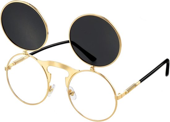 Zonnebril, openklapbaar, grappige steampunk-bril, grappige zonnebril, inklapbare glazen (gouden frame, grijze lens)
