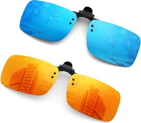 Zonnebril opzetstuk, clip-on zonnebril, 2 stuks, gepolariseerde lens, past over correctiebrillen, flip-up randloze bijziende zonnebril voor dames en heren