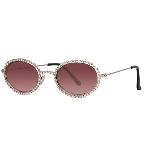 Zonnebril ovaal - Zonnebrillen - Festival bril - Rave bril - Glasses - Met steentjes - Zilver - Roze glazen