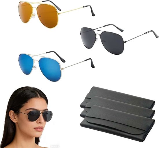 Zonnebril Pilotenstijl Set – 3 Stuks Gepolariseerde Aviator Zonnebrillen met Hoes – UV Bescherming, Lichtgewicht Metaalframe voor Dames en Heren