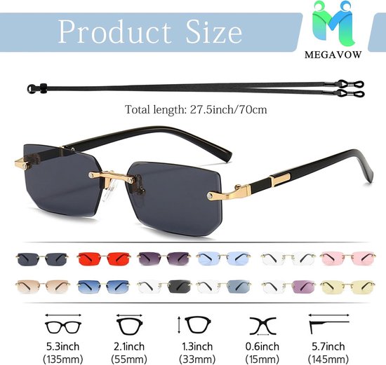 Zonnebril Rechthoekig Frameloze, Modieuze Retro Randloos Zonnebrils, Brilbanden, Ultra-Kleine Frame Bril voor Heren Dames, UV400 Bescherming, Gegraveerde Randen