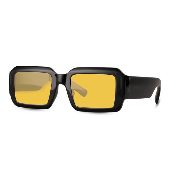 Zonnebril rechthoekig - Zonnebrillen - Festival bril - Rave bril - Glasses - Dik montuur - Gele glazen van Merkloos