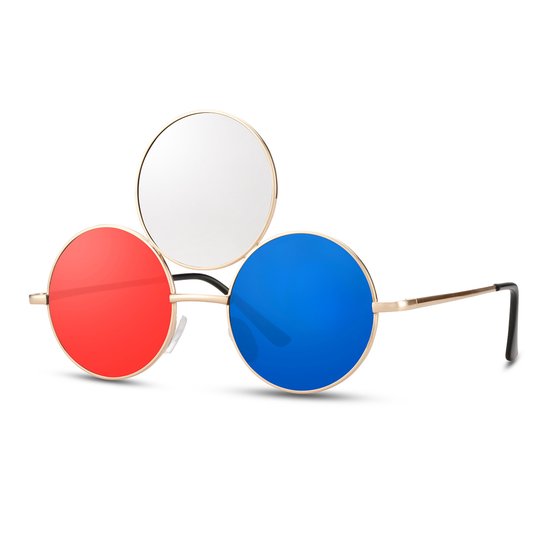 Zonnebril rond - Zonnebrillen - Festival bril - Rave bril - Glasses - 3 glazen - Rood/transparant/blauw van Flipoor