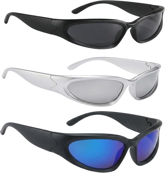 Zonnebril, snelle bril, Techno-bril, voor muziekfeesten en feesten, licht montuur met retro design, zwart, grijs en blauw, 3 stuks