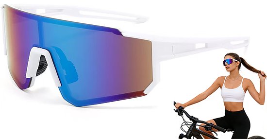 Zonnebril - Sport Zonnebril - Fietsbril - Sportbril - Grootframe Sport Zonnebril - Festival Zonnebrillen - Voor heren en dames - Wit - Paars/groen spiegelglas - Voor Fietsen, Hardlopen en Buitenactiviteiten - Geweldig Cadeau voor Vrouw & Man van Merkloos