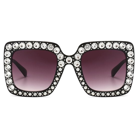 Zonnebril vierkant - Festival bril - Rave bril - Glasses - Met steentjes - Zwart - Grijze glazen van Merkloos