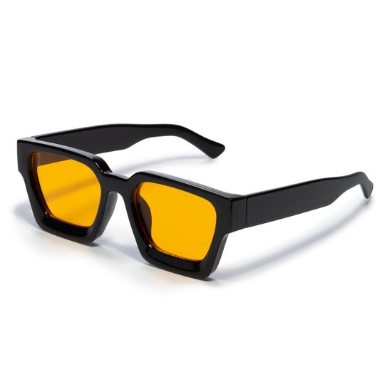 Zonnebril vierkant - Zonnebrillen - Festival bril - Rave bril - Glasses - Dik montuur - Zwart met oranje lenzen van Merkloos