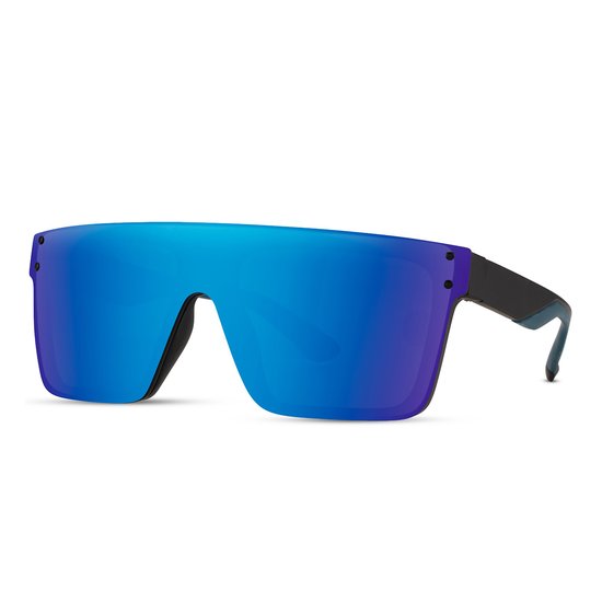 Zonnebril vierkant - Zonnebrillen - Festival bril - Rave bril - Glasses - Randloos montuur - Zwart - Blauw/paars gespiegelde glazen van Merkloos