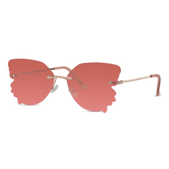 Zonnebril vlinder - Zonnebrillen - Festival bril - Rave bril - Glasses - Goud - Donkerroze glazen van Merkloos