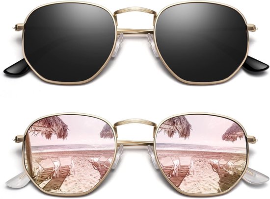 Zonnebril voor dames en heren, gepolariseerd, modieuze Apace Polygoon zonnebril voor dames, ultralicht zeshoekig metalen frame, 100% UV400-bescherming