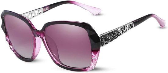 Zonnebril voor dames, gespiegeld verloopglas, gepolariseerd, uv-bescherming, groot polycarbonaat glazen, diamantgesneden strassteentjes, versierd frame, voor buiten, reizen, geschenkdoos, Violet verloopglas