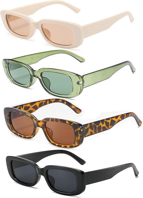 Zonnebril-zonnebril heren-zonnebril dames-Retro Rechthoekige Zonnebril Dames - Set van 4 Paar - Vintage 90s Trendy Zonnebril - Vierkante Bril met Dik Montuur - Zwart, Bruin, Beige en Transparant Groen