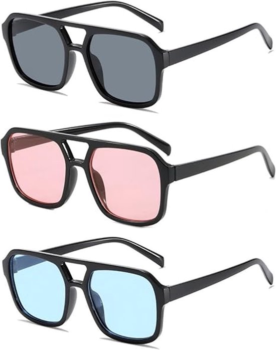 Zonnebrillen – 3 stuks– Vierkant montuur, dubbele neusbrug – UV380-bescherming – Zwarte monturen – Unisex – Retro-stijl – Rechthoekige vorm – Flat-top design – Trendy zonnebrillen – Kleuren: Grijs, Roze, Grijs