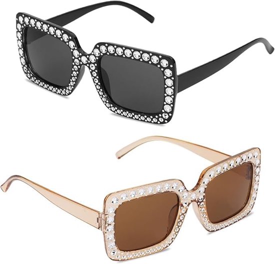 Zonnebrillen glitter oversized, retro jaren 70-outfit, partybril stras, UV400-bescherming, rechthoekige bril voor festival, disco, carnaval, zwart, transparant, bruin, groot