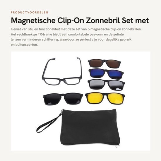 Zonnebrillen set 5 paar - Magnetische clip-on - TR-montuur - Donkere lenzen - Lichtgewicht - Comfortabele pasvorm - Clip-on Zonnebril
