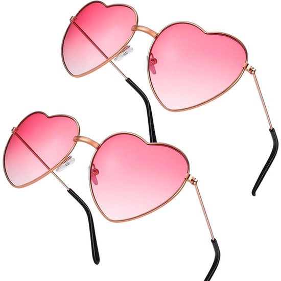 Zonnebrillen Set van 2 - Hartvormig Ontwerp - Retro Hippiebril - Roze Glazen - Lichtgewicht Metalen Frame - Geschikt voor Feesten - Fashion Sunglasses