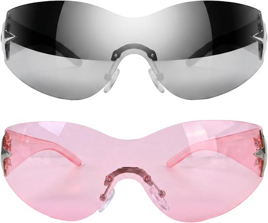 Zonnebrillen Y2K Wrap Around voor dames en heren, frameloze, mode met ster, oversized glazen, voor buiten